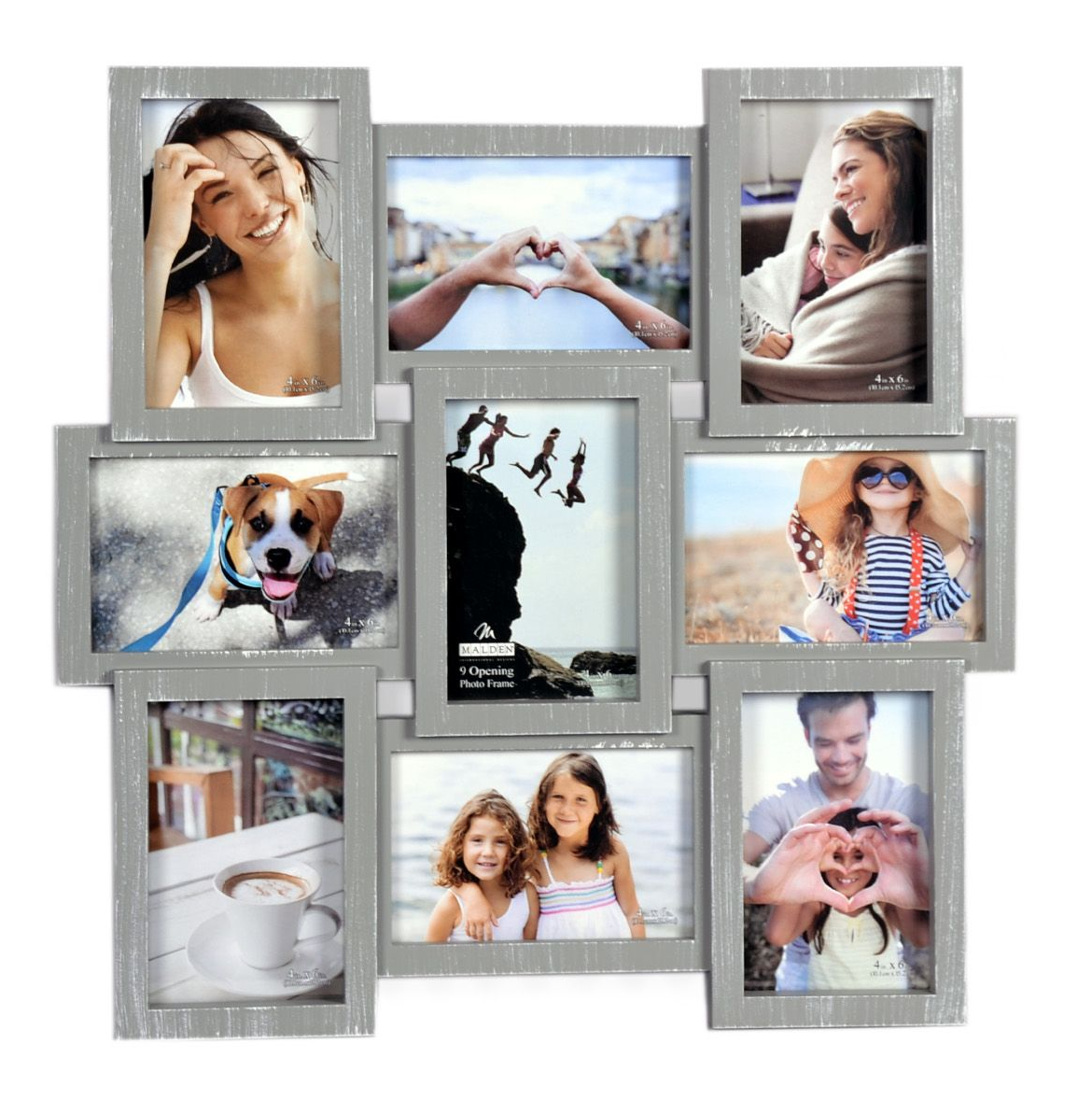 Gray multi-photo frame displays nine photos: people, dog, scenic views, and smiling children.
