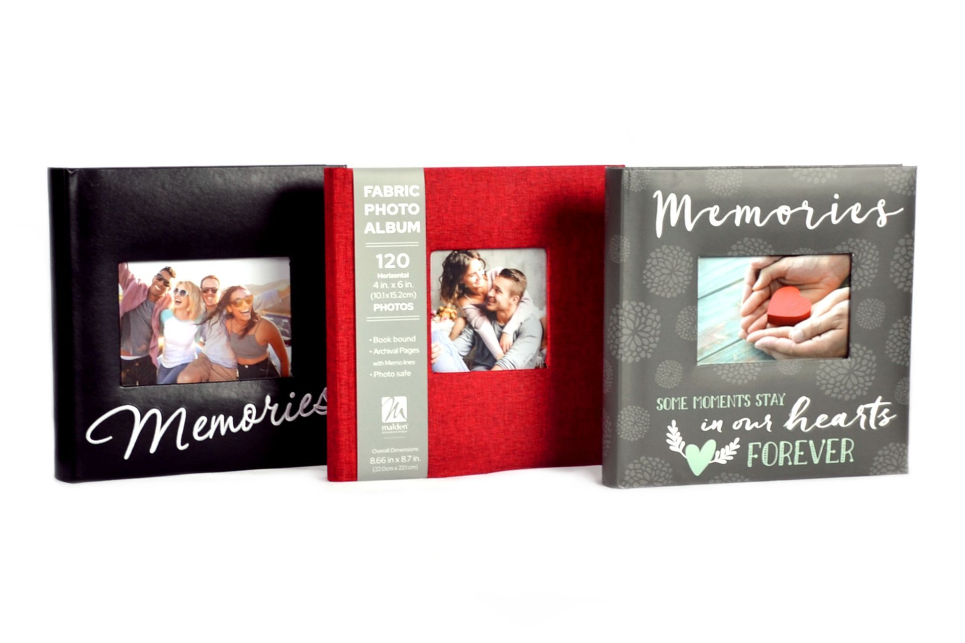 Three photo albums: black, red, and gray, with photo windows.