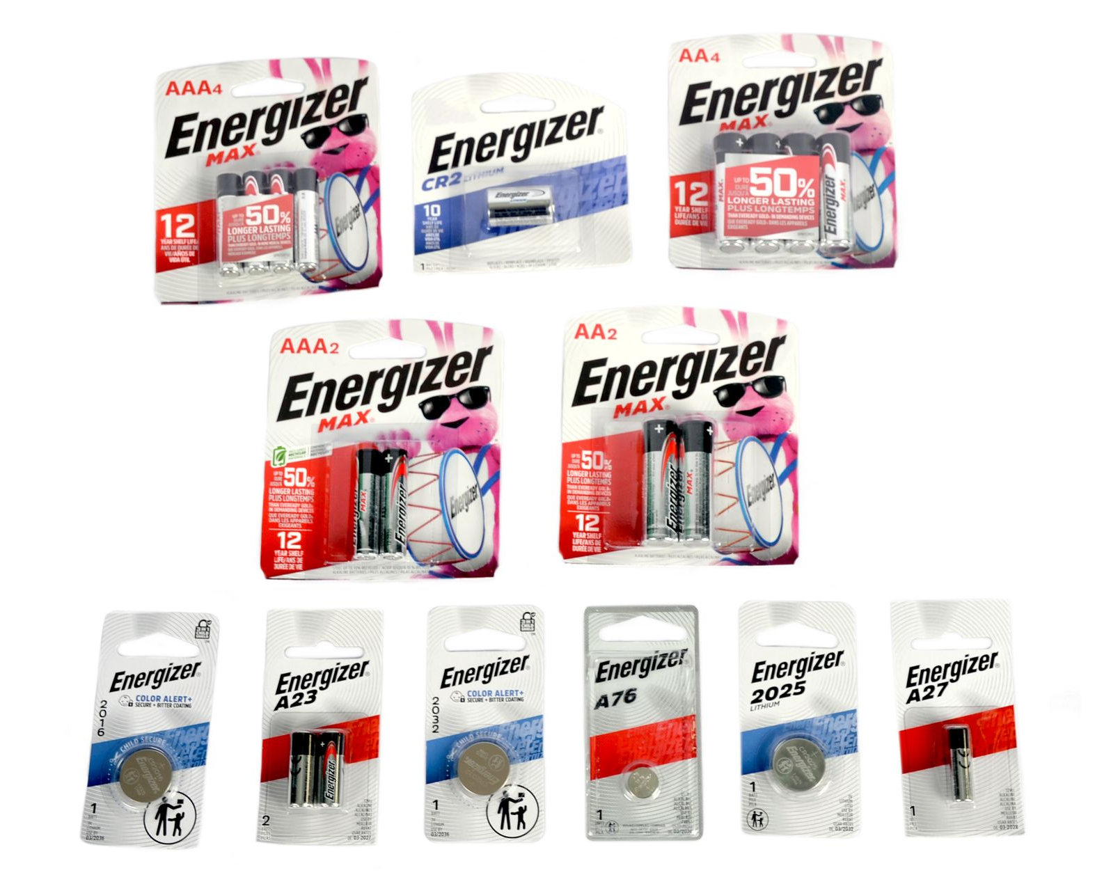 Various packages of Energizer batteries, including AAA, AA, and specialty sizes, displayed on a white background.