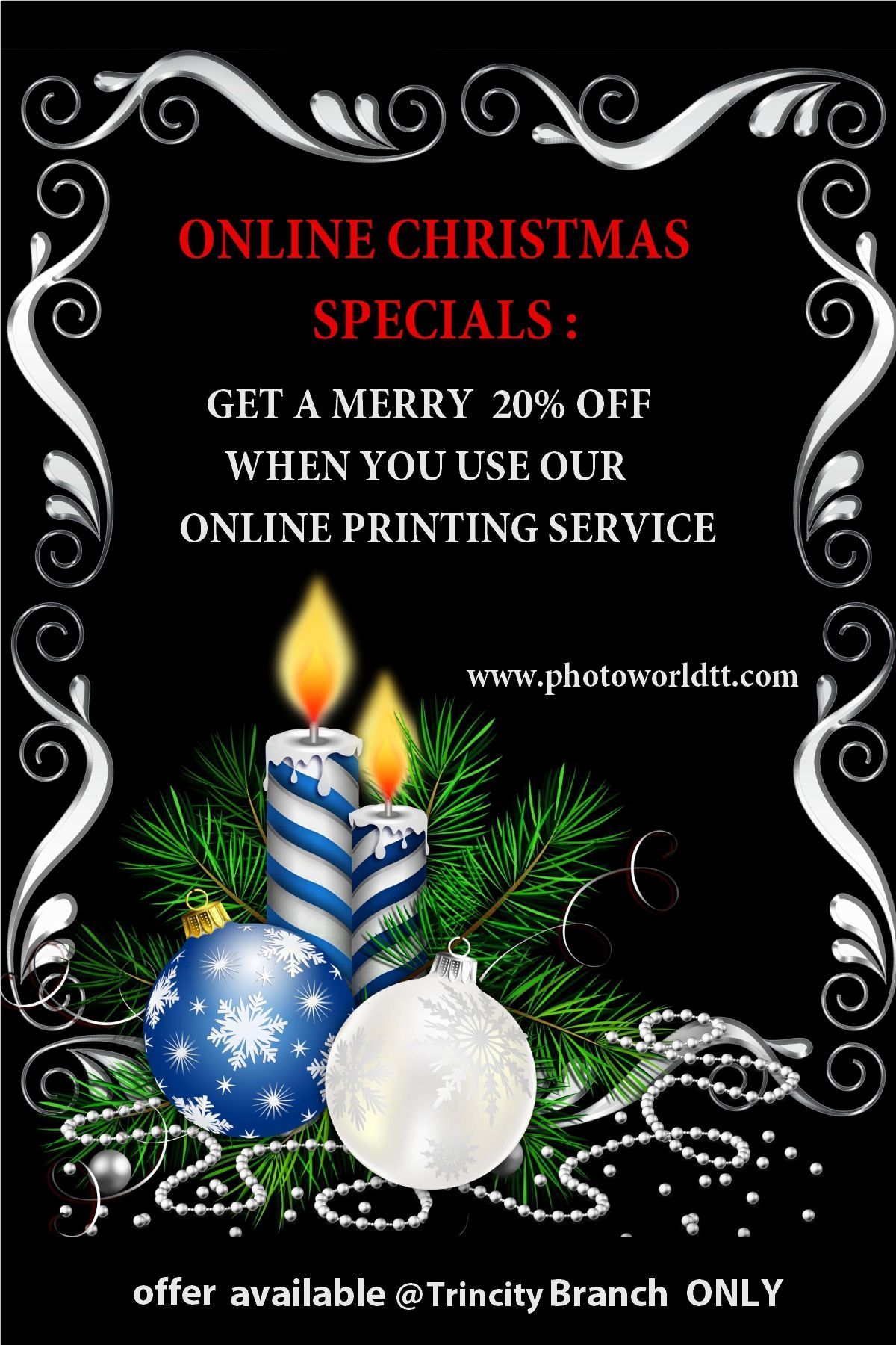 Christmas sale advertisement: 20% off online printing. Features candles, ornaments, and text on a black background.