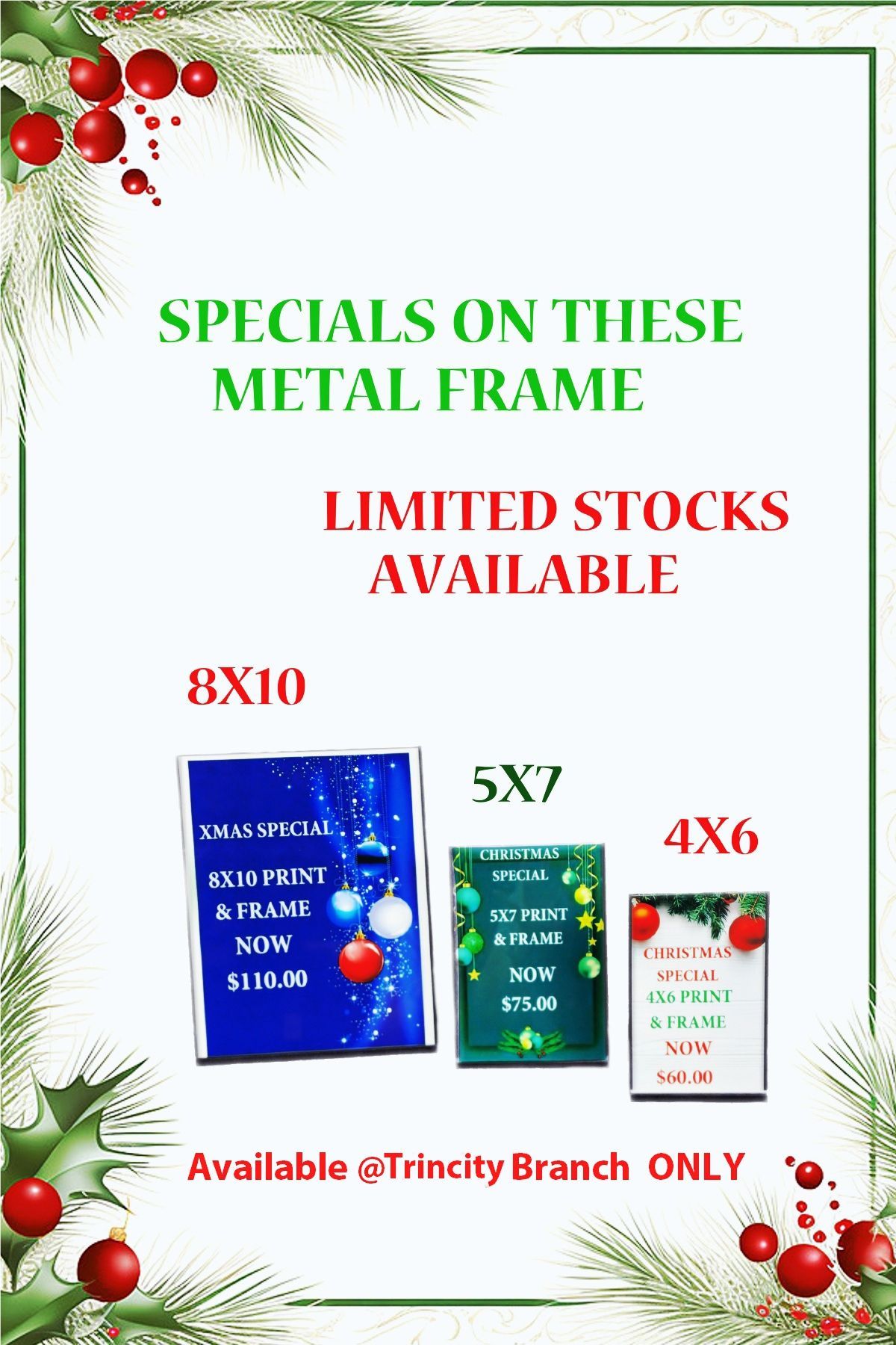 Advertisement for metal frame specials, sizes 8x10, 5x7, and 4x6, at Trinity branch.