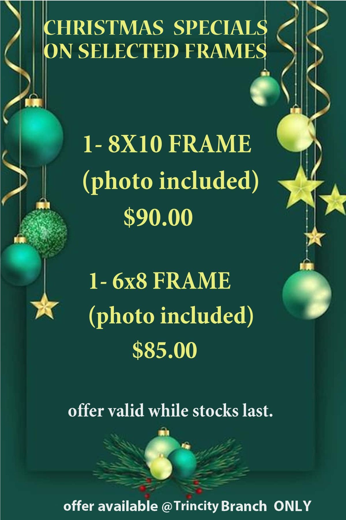 Christmas frame sale: 8x10 frame for $90, 6x8 frame for $85, with photos. Green background, festive decorations. Trinity Branch only.