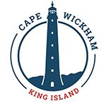 The logo for cape wickham king island shows a lighthouse in a circle.