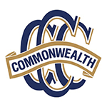 The commonwealth logo is a blue and gold logo on a white background.