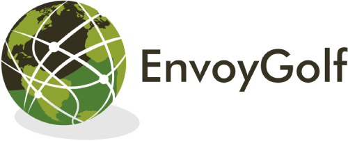 A logo for envoygolf with a globe in the middle