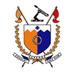 A coat of arms with a shield and flags on a white background.