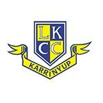 the logo for lk cc karrinyup is a blue and yellow shield with wings .