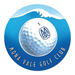 the mona vale golf club logo has a golf ball in the middle of a blue circle .
