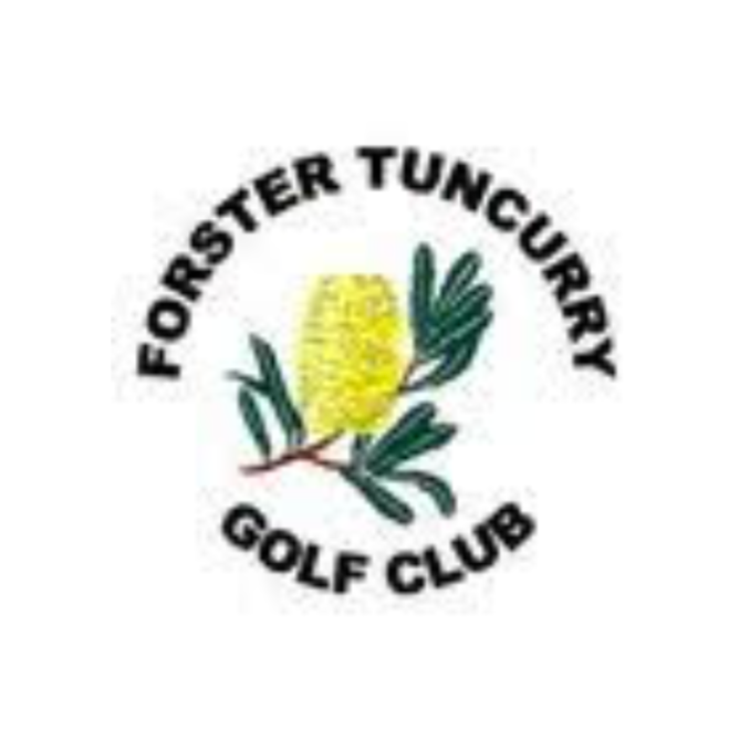 A forster tuncurry golf club logo with a yellow flower and green leaves.