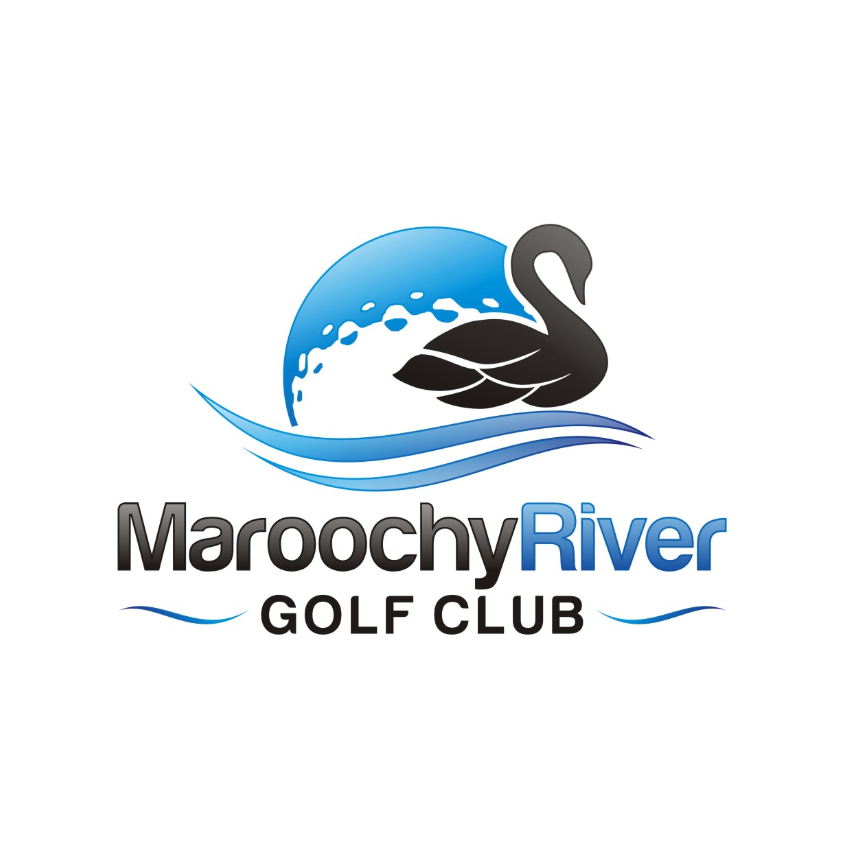 a logo for maroochy river golf club with a swan and a golf ball
