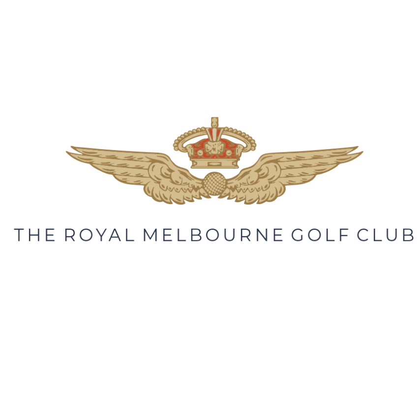 The royal melbourne golf club logo has a crown and wings on it.