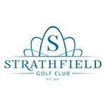The logo for strathfield golf club is blue and white.