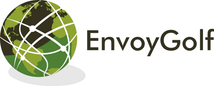 A logo for envoygolf with a globe in the middle