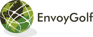 A logo for envoygolf with a globe in the middle