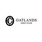 the logo for the oaklands golf club is black and white .
