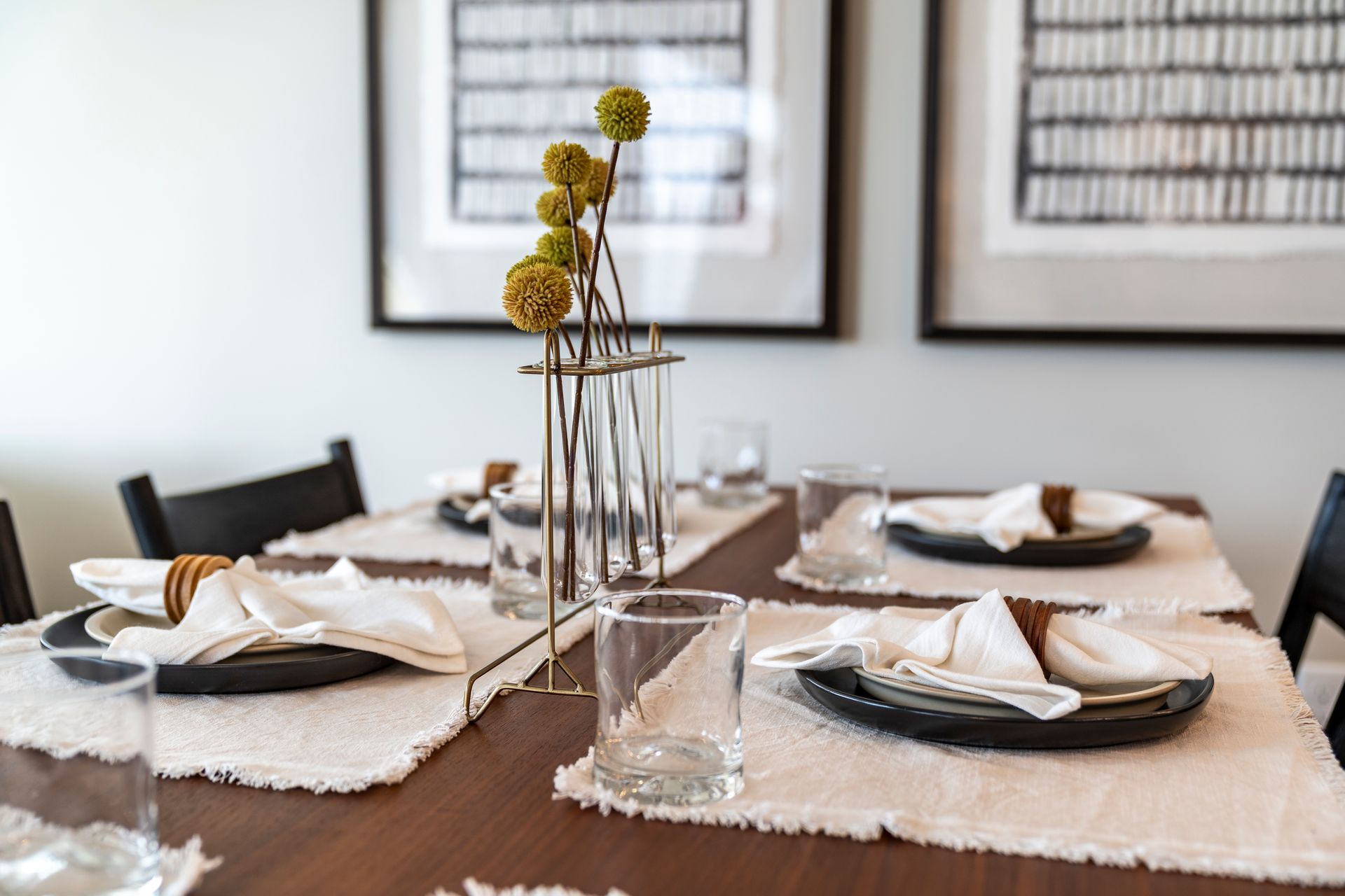 Closeup photo of an arrangement on the dining table