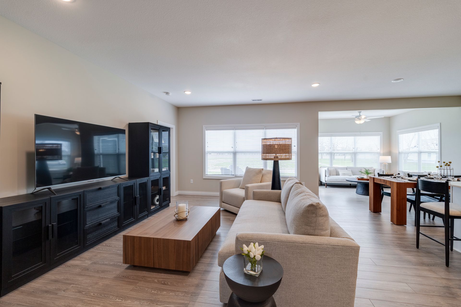 Photo of a living room showing a large open space in the background