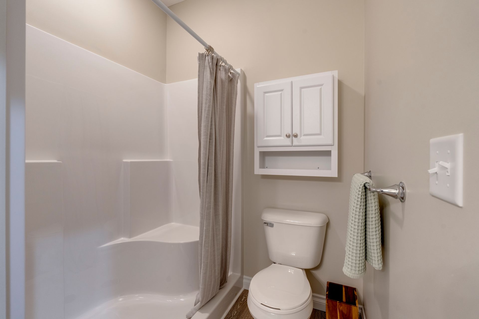 Photo of a shower with a curtain