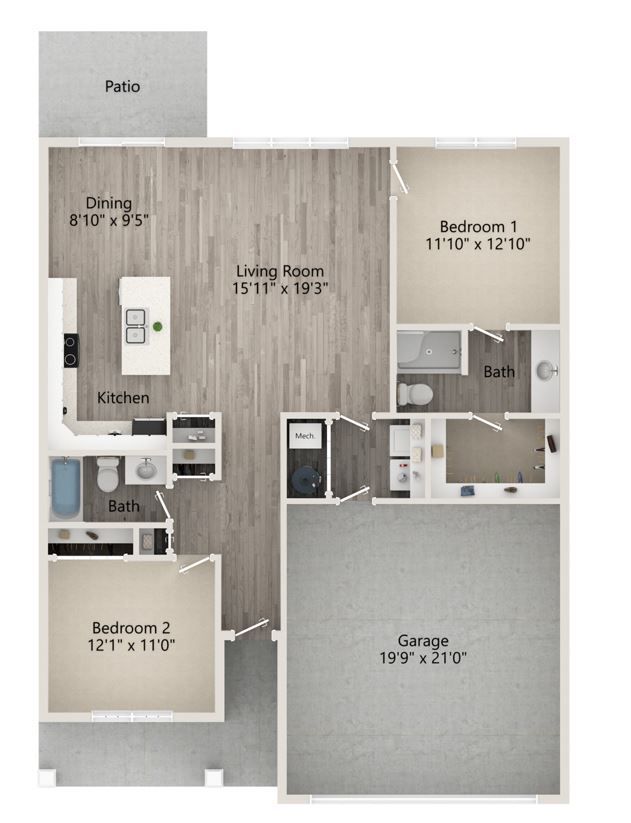 Floor plan of a two-bedroom apartment with a garage and patio.