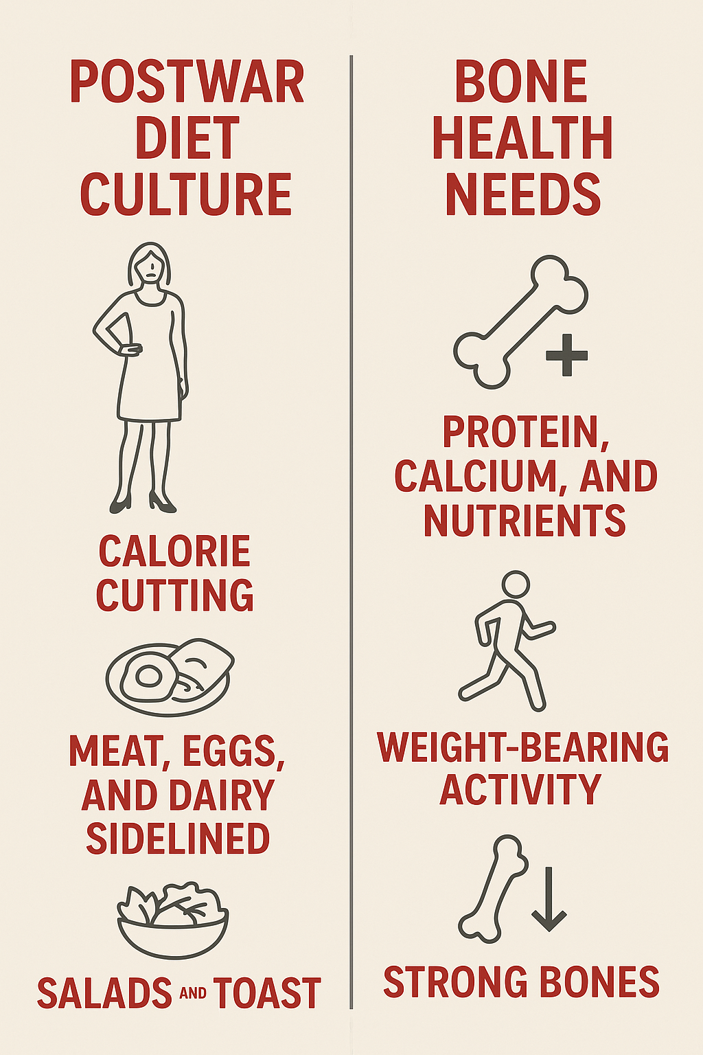 Comparison: Postwar diet culture (calorie cutting, meat/dairy sidelined) vs. bone health needs (prot
