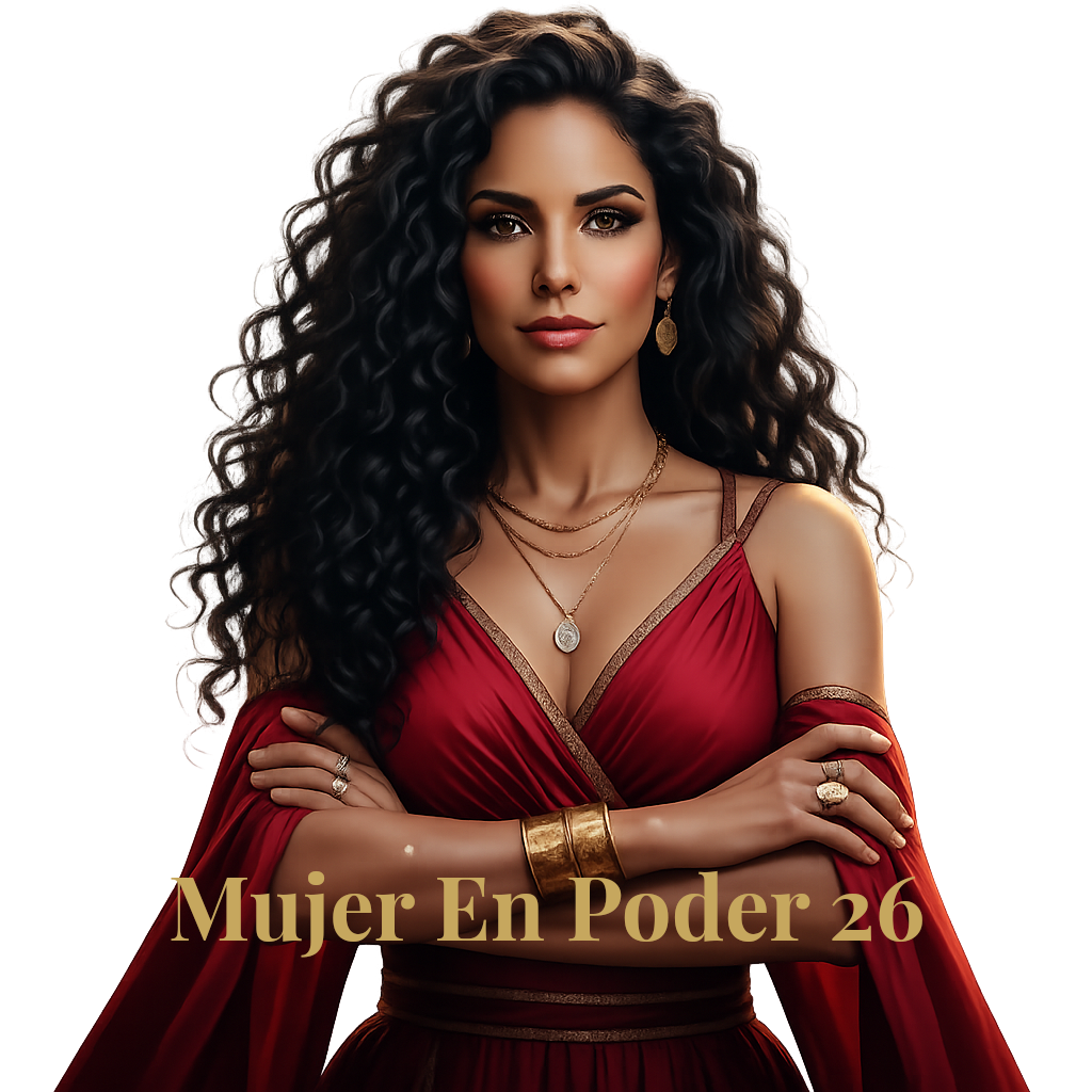 Mujer con un vestido rojo, cabello rizado, brazos cruzados y las palabras 