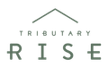 Logo for "Tributary Rise": Green text and roofline over "RISE".