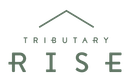Logo for "Tributary Rise": Green text and roofline over "RISE".
