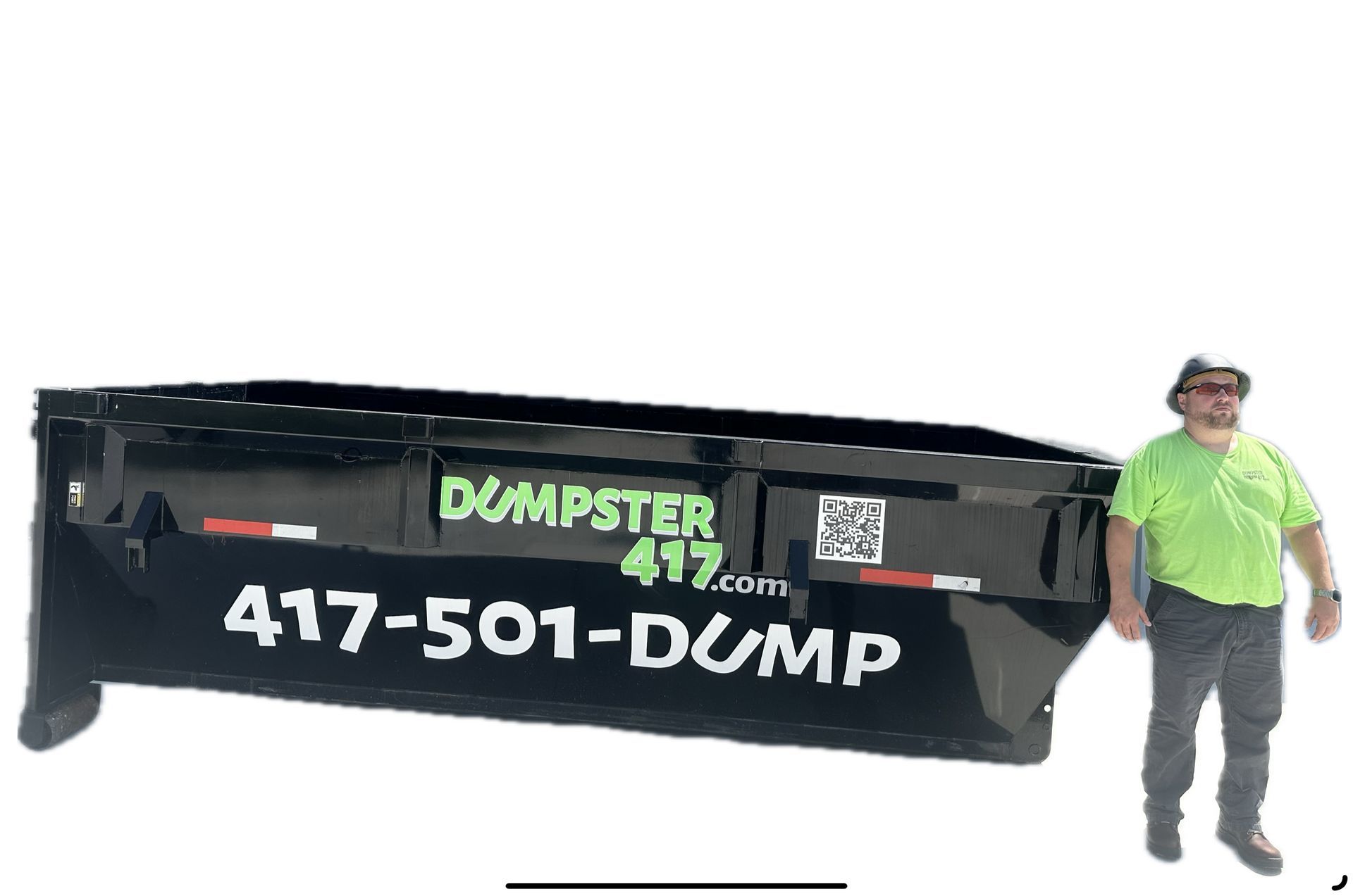 Black dumpster with green
