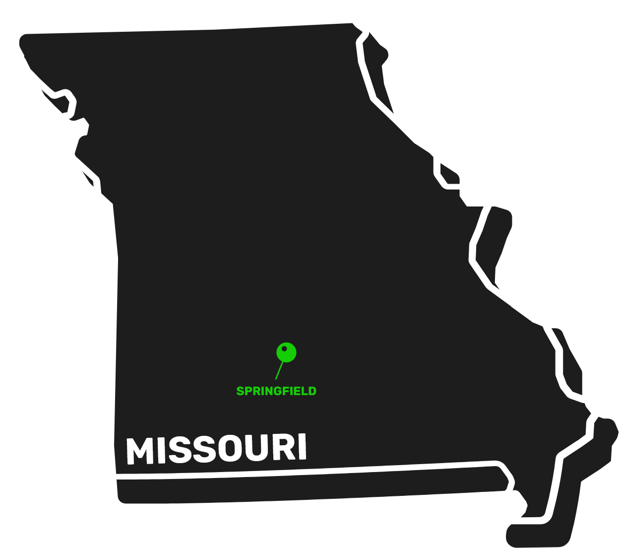 Black silhouette map of Missouri with a green Springfield marker and label.