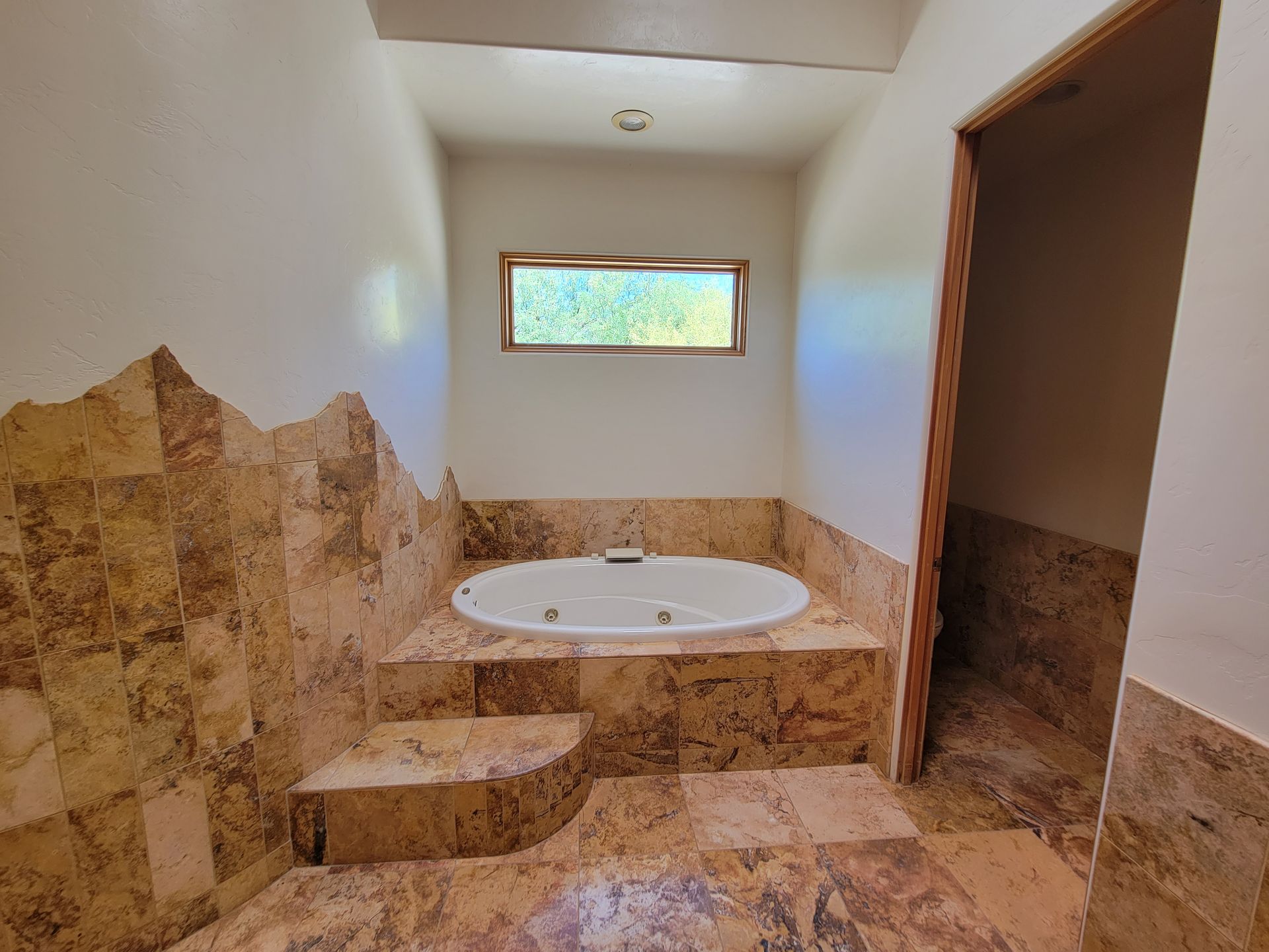 A bathroom with a jacuzzi tub and a window