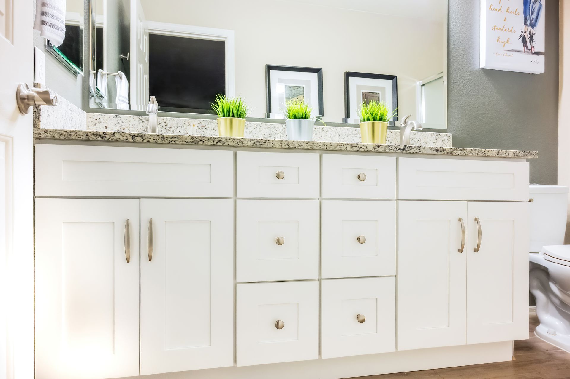 White double-sink bathroom vanity with granite countertop. Small potted plants and framed art. Large mirror.