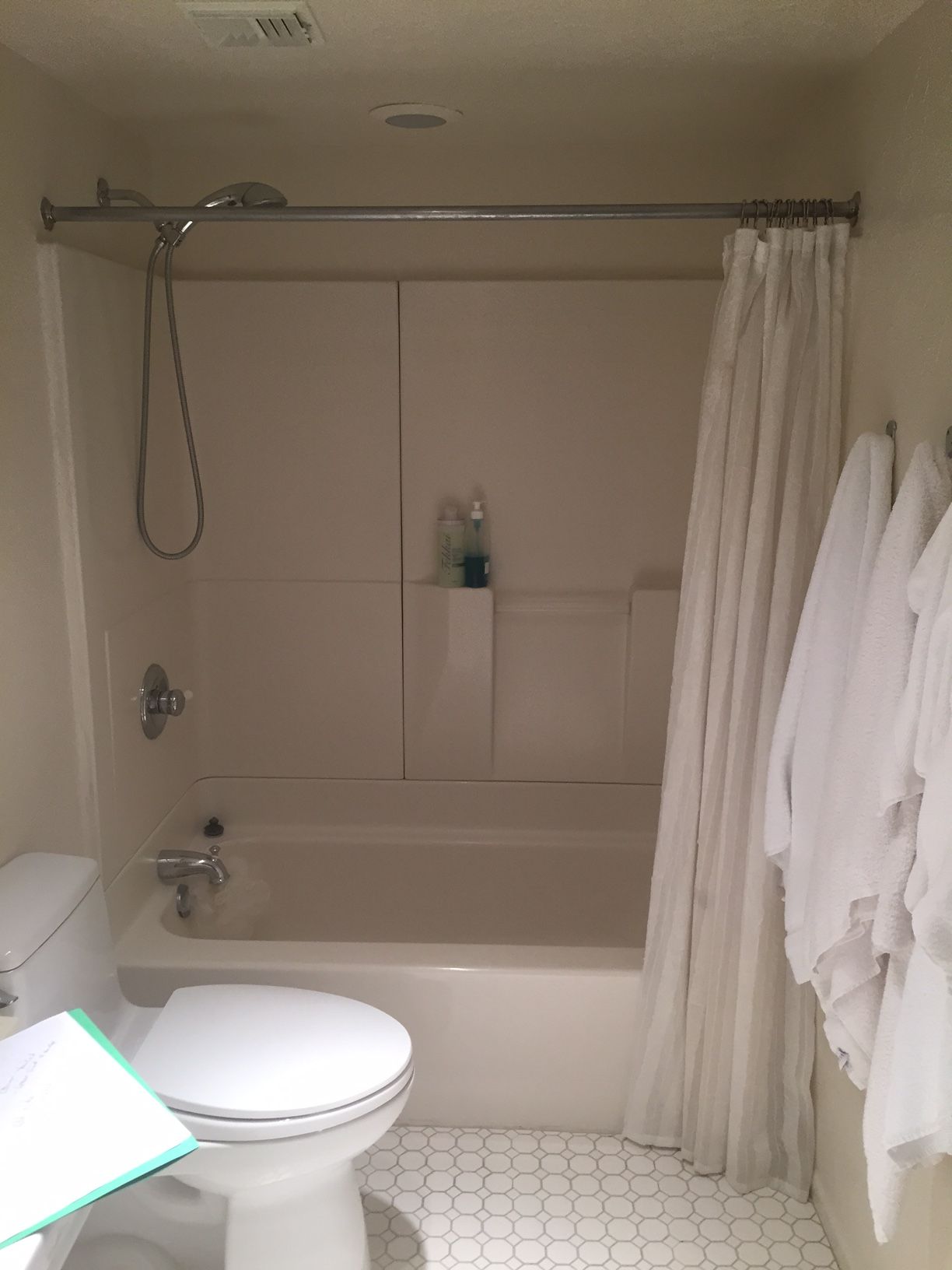 A bathroom with a toilet a bathtub and a shower curtain
