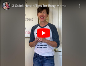 A woman is standing in front of a door in a video titled 3 quick health tips for busy moms