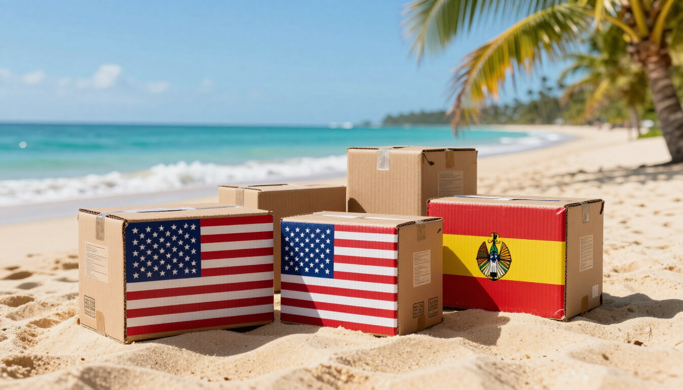 Colis en provenance des USA arrivant en Nouvelle-Calédonie sur fond de lagon