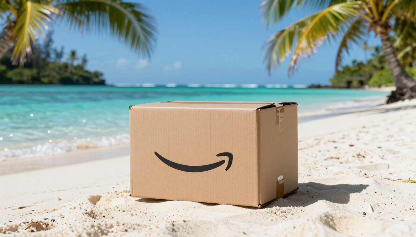Colis Amazon livré en Nouvelle-Calédonie sur une plage tropicale