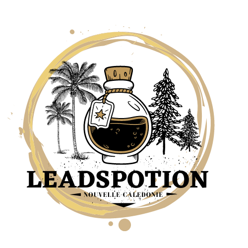 Logo : flacon de potion en verre avec arbres, accents dorés, texte « LEADSPOTION NOUVELLE CALEDONIE ».