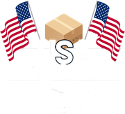 Two American flags frame a cardboard box with a stylized 