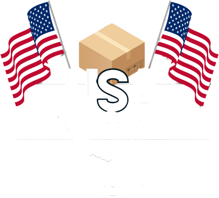 Une boîte en carton et des drapeaux américains encadrent la lettre « S », représentant un service de livraison.