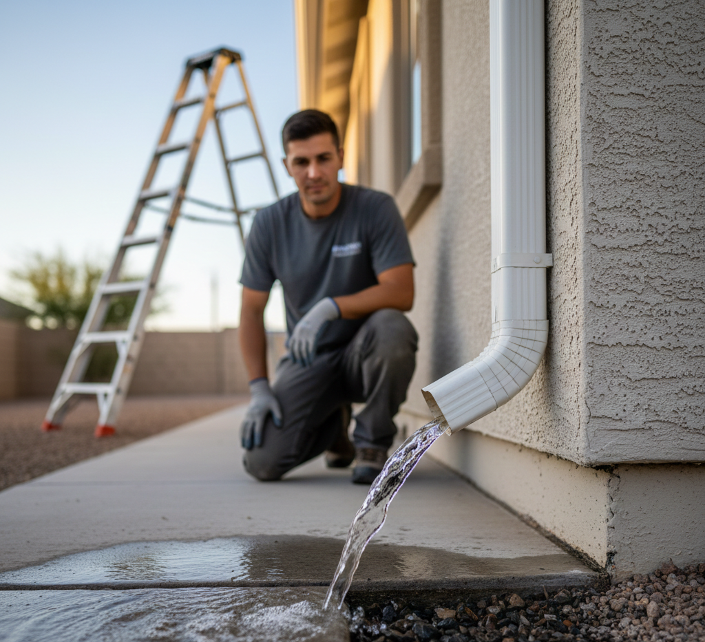 Man kneeling, watching water flow from a white gutter on a building's side, ladder in background.