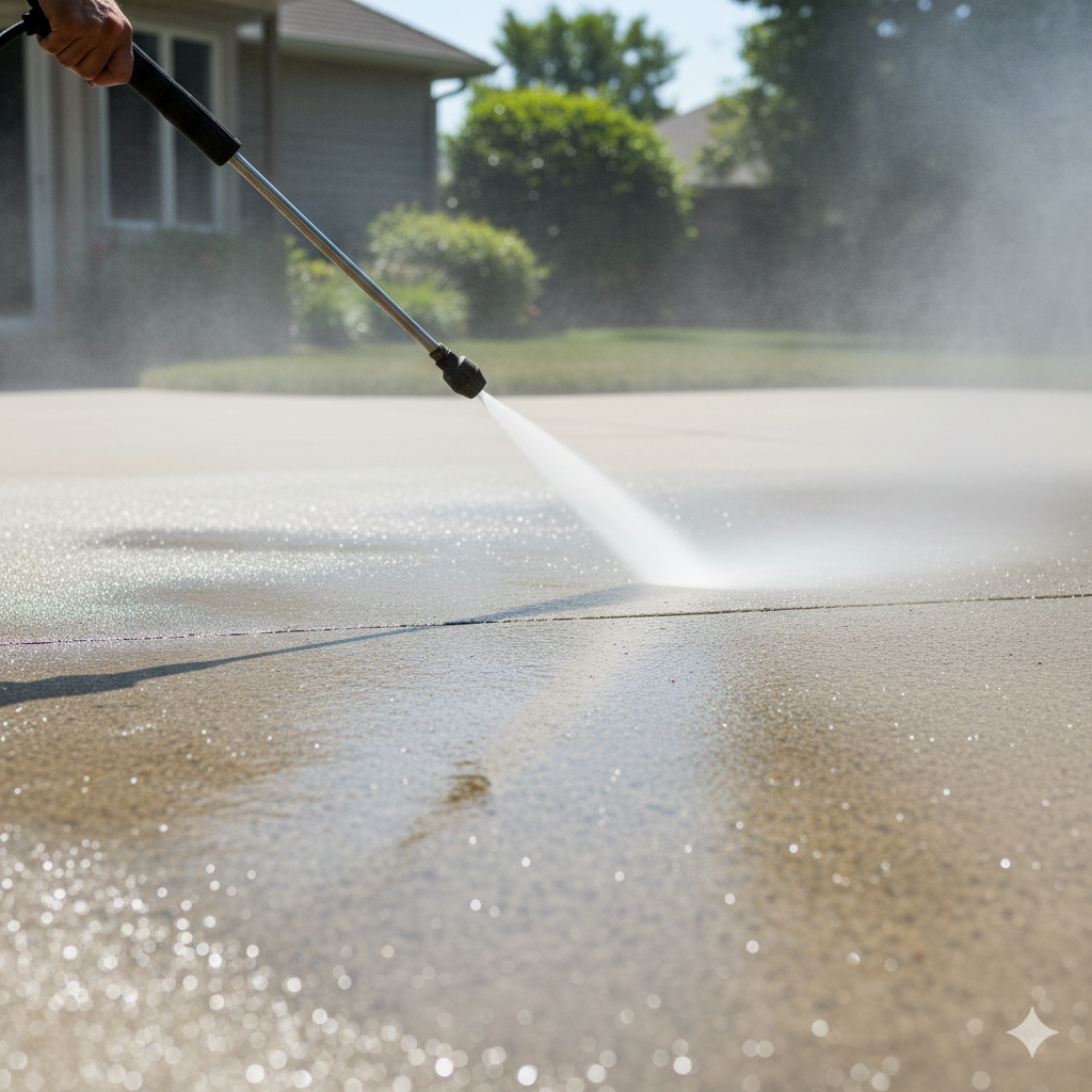 Person pressure washing a concrete driveway; water spray and mist visible.