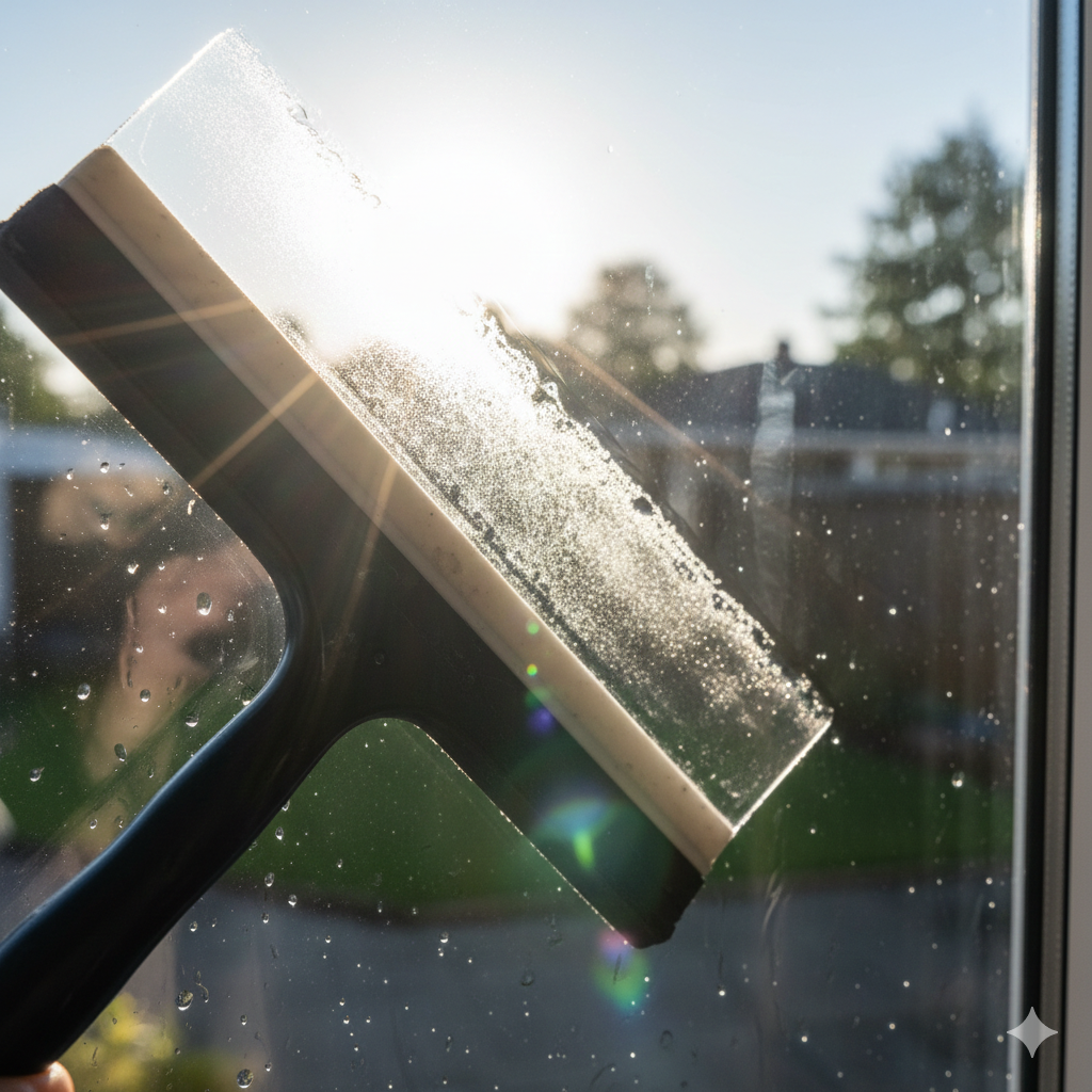 Squeegee cleaning a window, sun shining through, blurred background of houses and trees.
