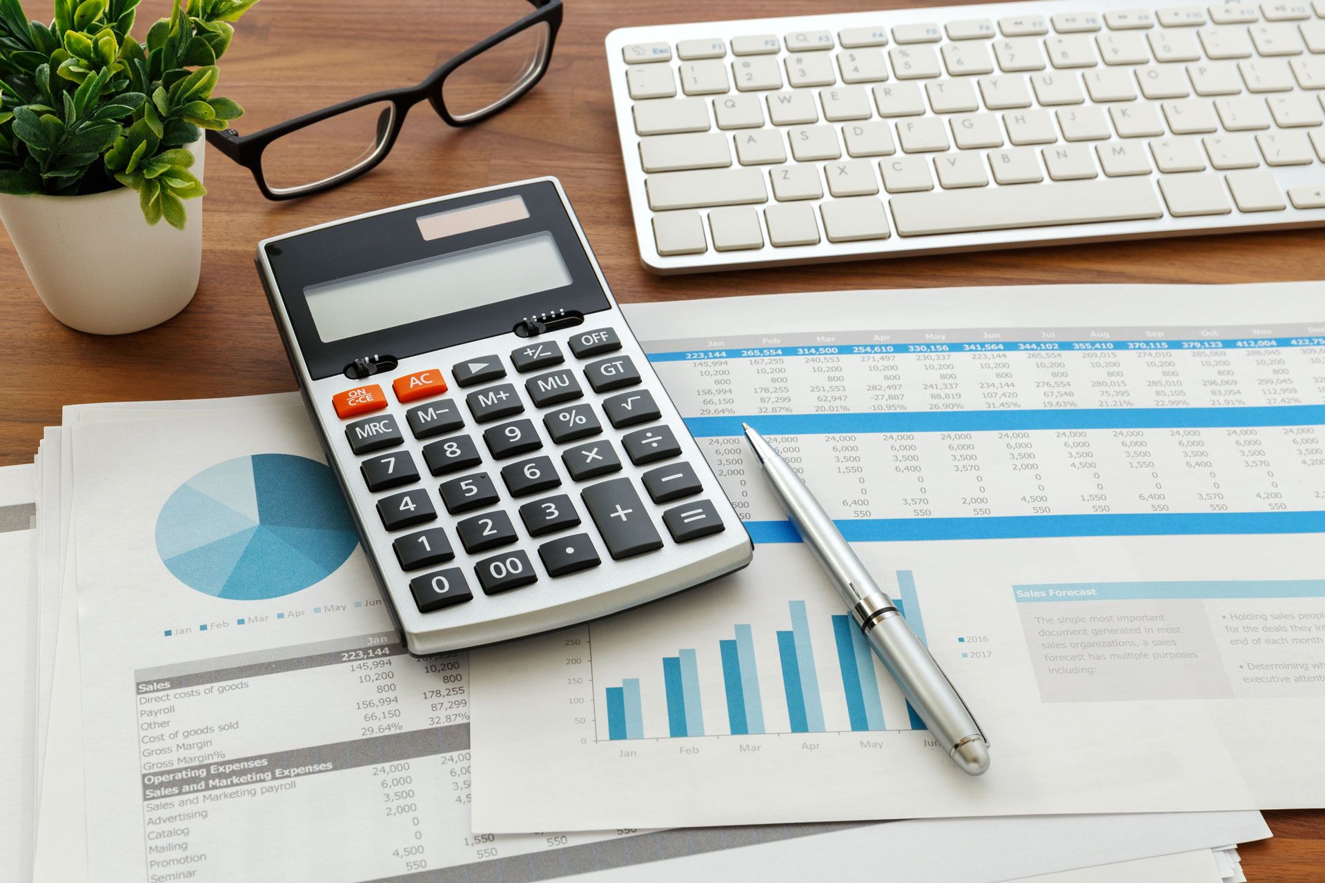 Calculator and pen on financial reports, keyboard and plant on wooden desk.
