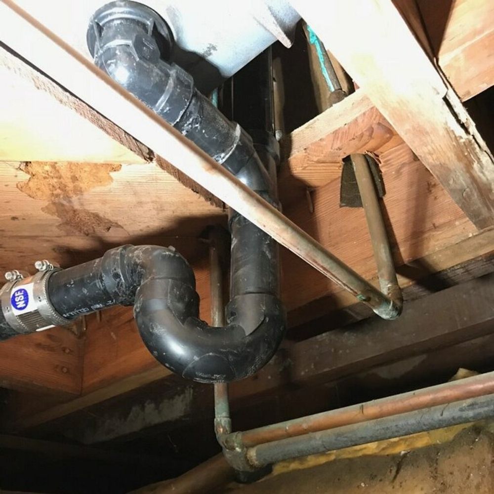 Black plumbing pipes under wooden beams. U-shaped drain pipe visible. Copper pipes also present.