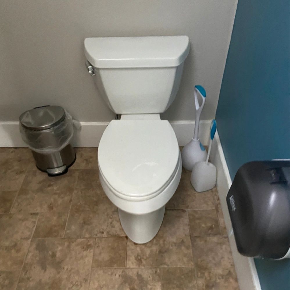 White toilet with closed lid, toilet brush, trash can, and paper towel dispenser in a bathroom.