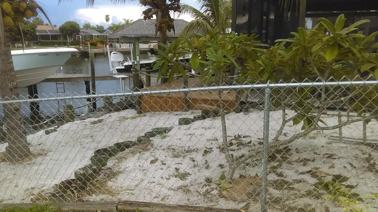 A chain link fence surrounds a sandy area in front of a house