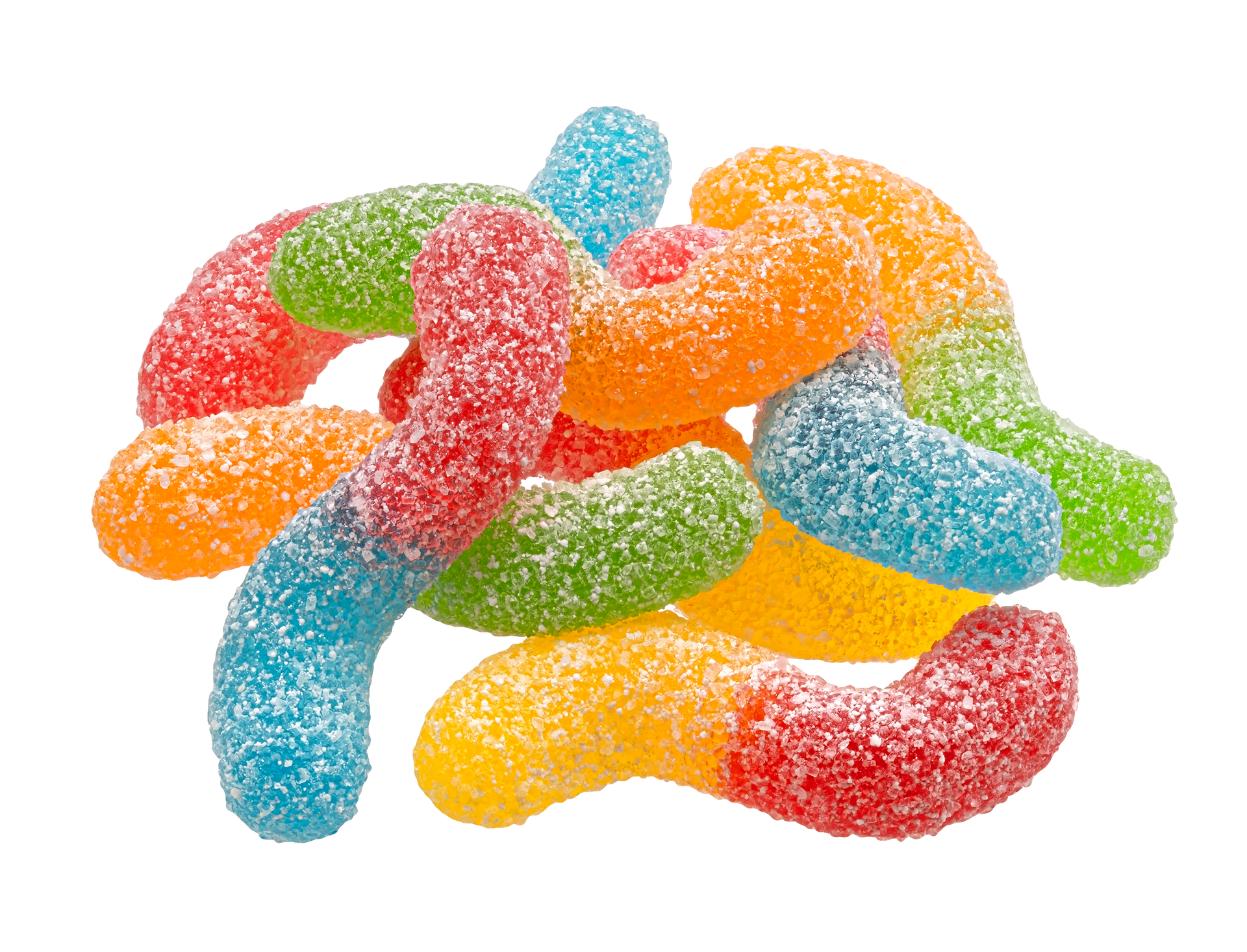 A pile of colorful gummy worms on a white background