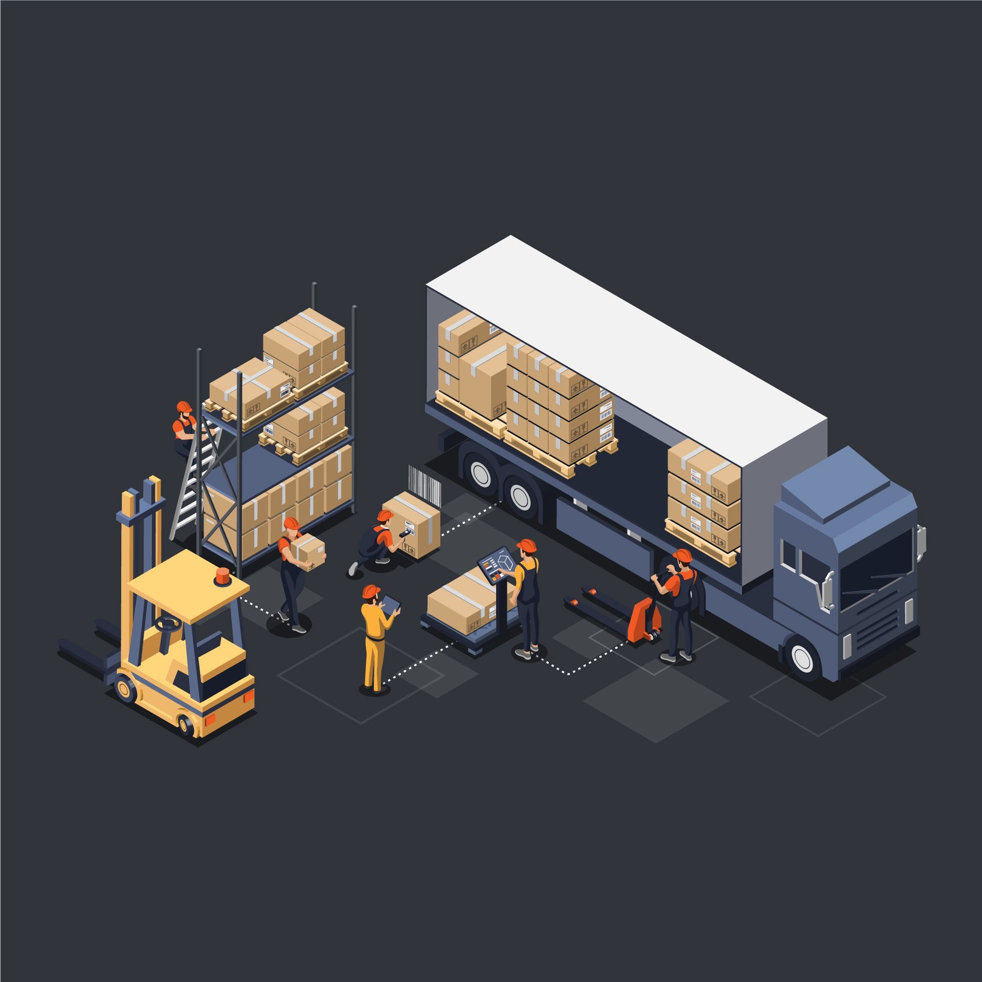 An isometric illustration of a warehouse with workers and a truck