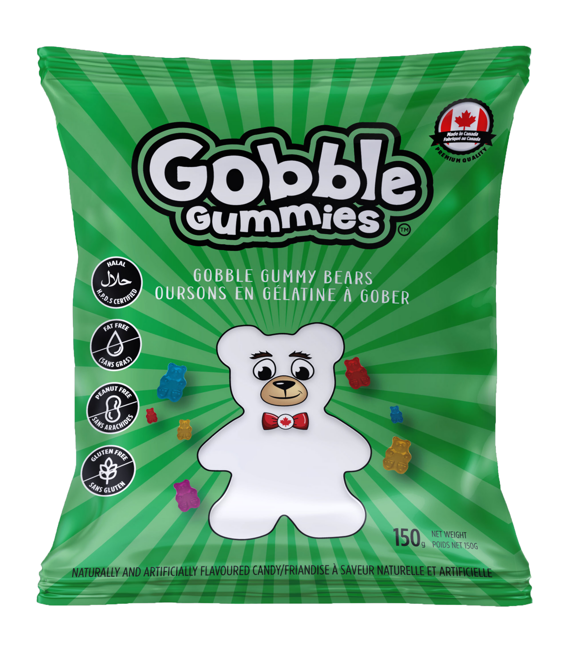 A green bag of gobble gummies with a white bear on it