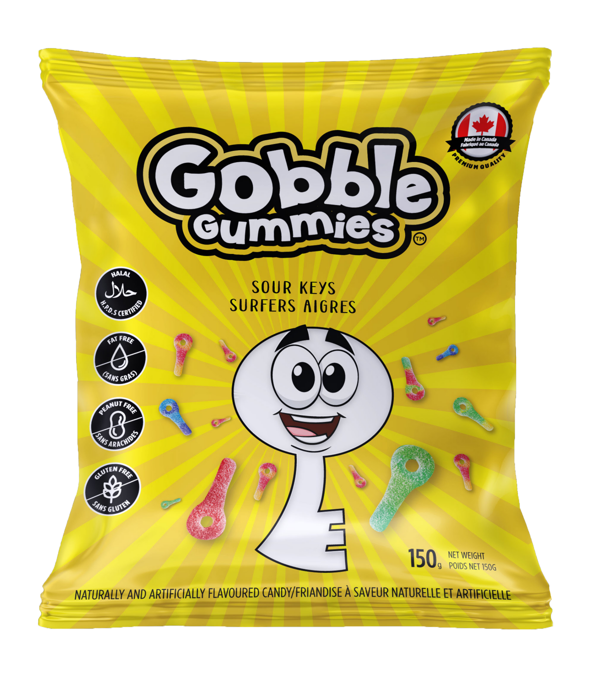 A bag of gobble gummies with keys on it