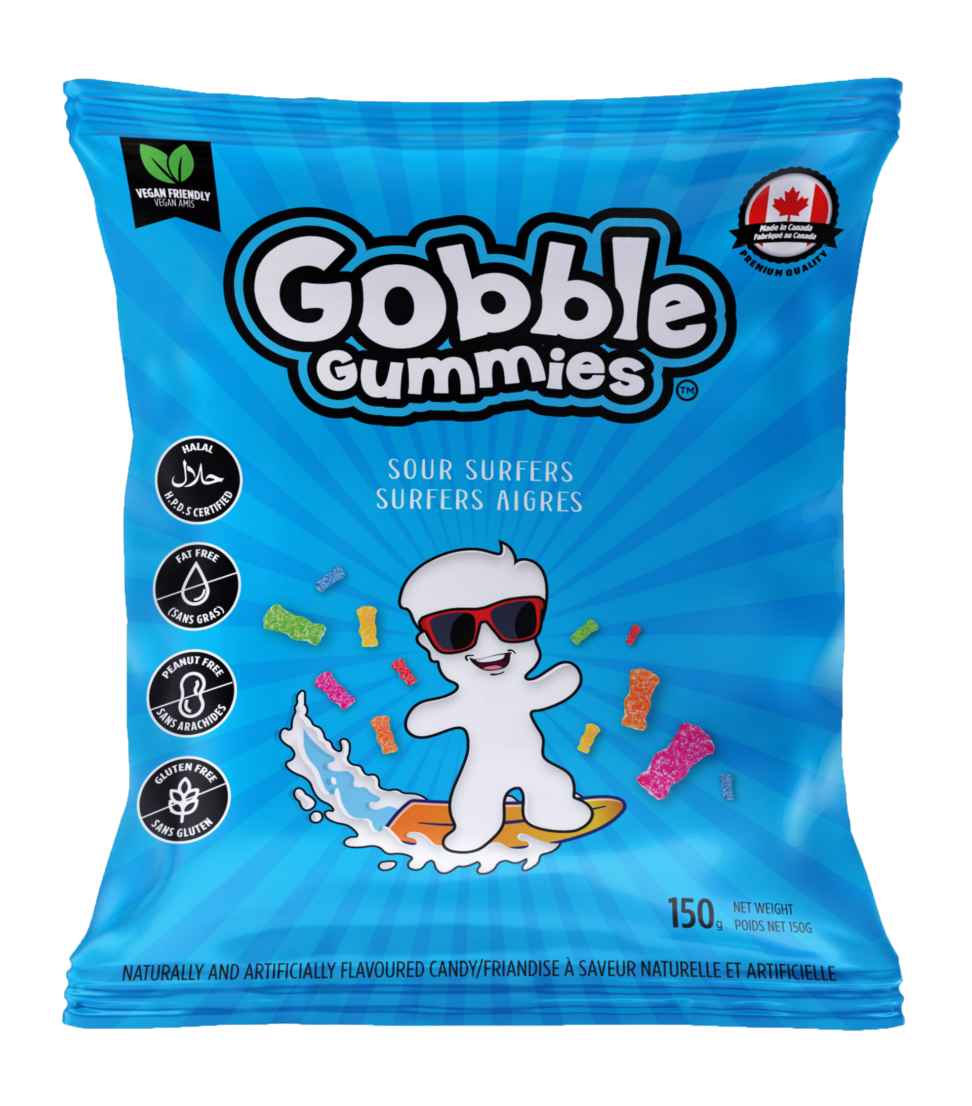 A bag of gobble gummies with a picture of a bear on a surfboard